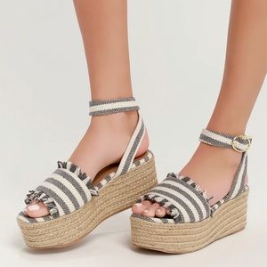Grey and Beige Striped Espadrille Platform Sandals